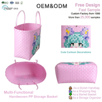 Panier de rangement multifonctionnel en plastique PP tissé rose carré personnalisé, avec poignées, fait à la main, écologique, imperméable, pour la maison