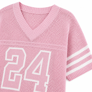 Suéter de punto de malla rosa para mujer, cuello en V, manga corta, top deportivo, estilo Y2K, ropa urbana para el día del partido - Product Image 6