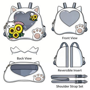Linda mochila mini con forma de orejas de gato, personalizada, estilo Ita Bag, con ventana transparente en forma de corazón y bordado de girasol, para fanáticos del anime. - Product Image 1