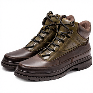 Retro <strong>Work</strong> <strong>Boots</strong> Men's First Layer Cowhide Round Head Winter Mid-calf Anti-slip Wear-resistant Outdoor Rubber Outsole - Product Image 1