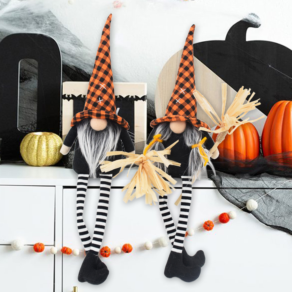 2025 Halloween Witch Dolls Swedish Fabric Orange Plaid Novelty Sitting Halloween Witch Gnomes
