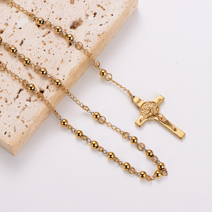 Collier de chapelet Jésus <span class=keywords><strong>en</strong></span> acier inoxydable plaqué <span class=keywords><strong>or</strong></span> 18 carats avec perles rondes <span class=keywords><strong>et</strong></span> perles pour hommes <span class=keywords><strong>et</strong></span> femmes chaîne de chandail - Product Image 6