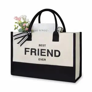 महिलाओं के लिए बेस्ट फ्रेंड एवर वैयक्तिकृत प्रारंभिक कैनवास बीच बैग मोनोग्रामयुक्त उपहार टोट बैग