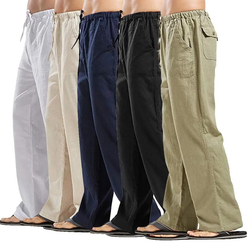 2022 nuovi pantaloni da uomo in lino di cotone naturale pantaloni estivi Casual da uomo solido elastico in vita pantaloni larghi dritti Plus Size Fit