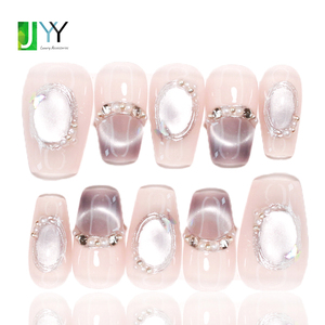 Lot de 10 faux ongles épais en acrylique PMMA, faits à la main, avec gel pailleté et diamants, à presser, forme cercueil, pour femmes, vente en gros - Product Image 2