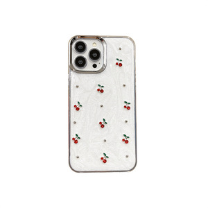 Nueva Funda de Teléfono de Lujo con Diamantes Blancos y Cereza para iPhone 16 15 14 13 Pro Max, Carcasa 3D Electrochapada con Brillantina, Suave y Resistente a Impactos - Product Image 6