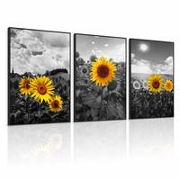 Lot de 3 tableaux encadrés tournesol sur toile, cadre noir, couleurs sélectionnées noir blanc jaune, triptyque floral, décoration moderne