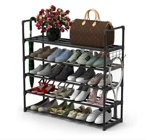 5 Tiers Black Adjustable Entryway Metal Shoe Rack Shoe Shelf Storage Organizer Rack Cabinet