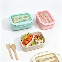 Boîte à bento compartimentée en paille de blé, boîte à lunch pour étudiants, compatible micro-ondes, avec couverts, récipient alimentaire