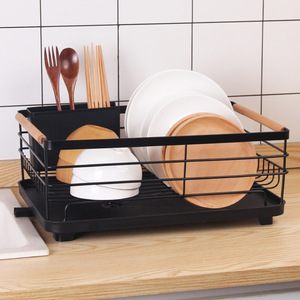 Escurridor de platos de acero inoxidable con asas de madera y cubertería - Product Image 3