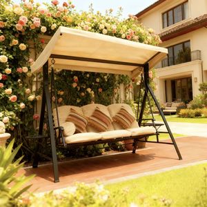 Balançoire d'extérieur 3 places <span class=keywords><strong>avec</strong></span> structure en acier, balançoire de loisirs <span class=keywords><strong>avec</strong></span> <span class=keywords><strong>hamac</strong></span> convertible et <span class=keywords><strong>toit</strong></span> pour villa, jardin, patio, cour de campagne - Product Image 2