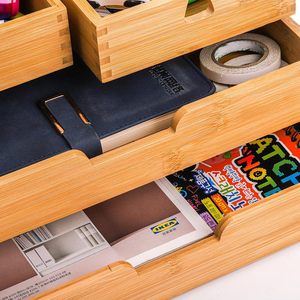 Bamboo Desktop <b>Drawer</b> Organizer Square <b>Storage</b> <b>Box</b> With 4 <b>Drawers</b> For Office Home Study Bedroom Living Room Use - Product Image 4