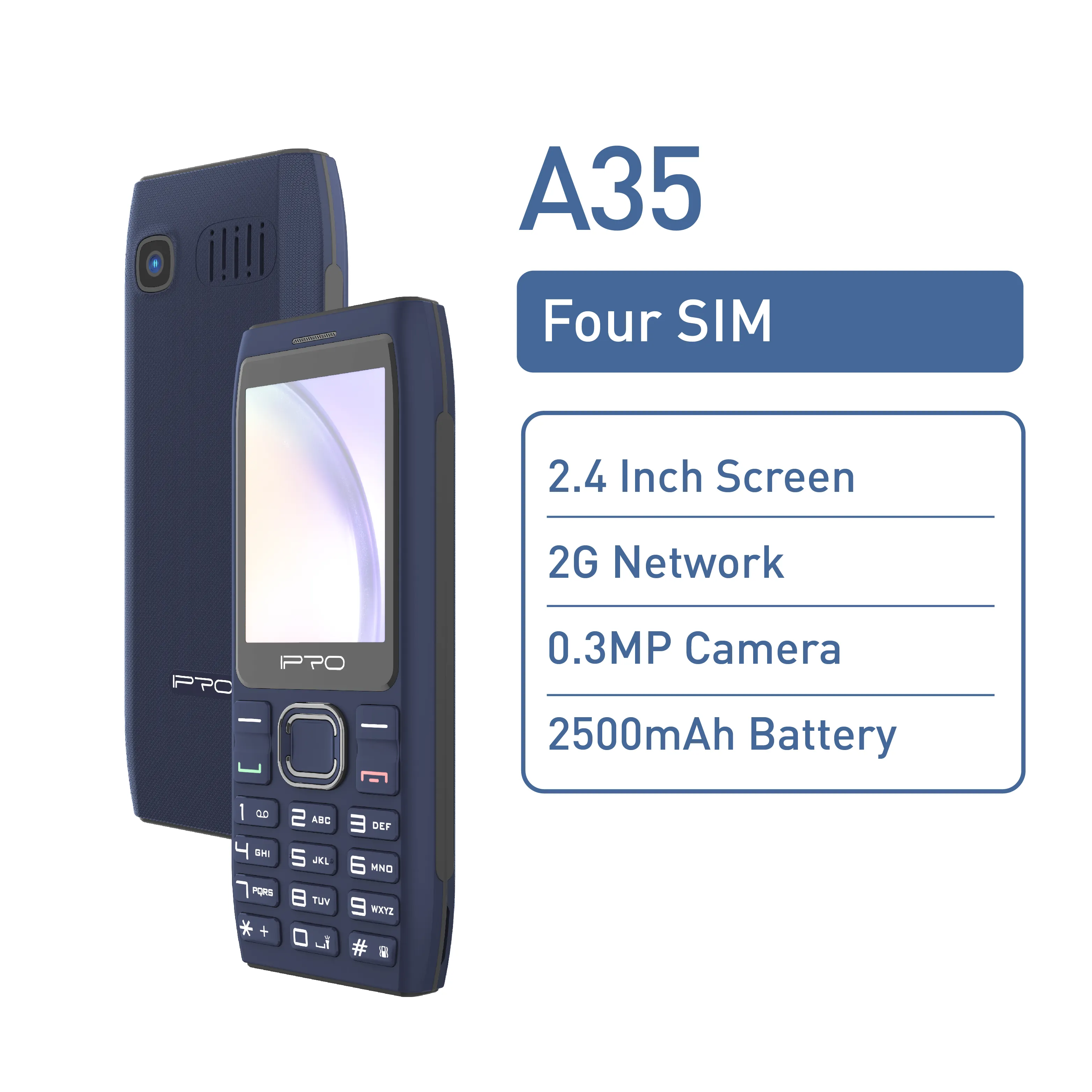 Teléfono móvil Ipro A35 de 2,4 pulgadas, batería de 2500mAh, 4 tarjetas SIM, niños mayores, uso 2G, mini teléfono móvil Premium