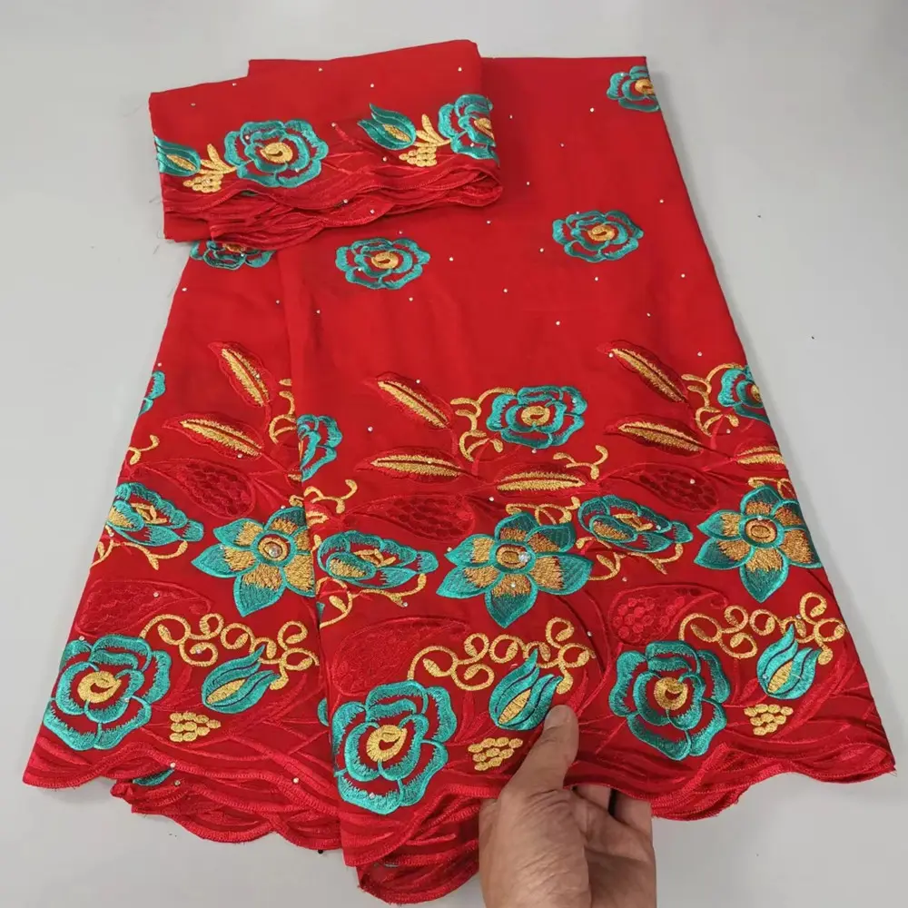 Chenlee katun Nigeria batu voile renda merah 5 yard dan tali kain 2 yard