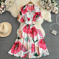 Robes d'été élégantes 2025 à manches courtes, col à revers, boutonnage simple, ceinturées, coupe trapèze, imprimé floral pour femmes