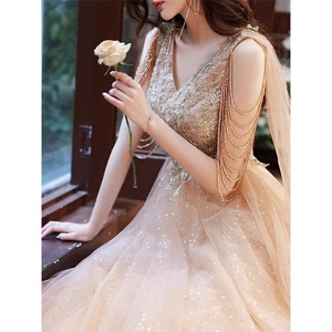 Champagne Starlight Tassel Evening Dress V-Neck Empire Waist Long Gown For Coming Of Age Ceremony Women Hostess Dress - Product Image 3