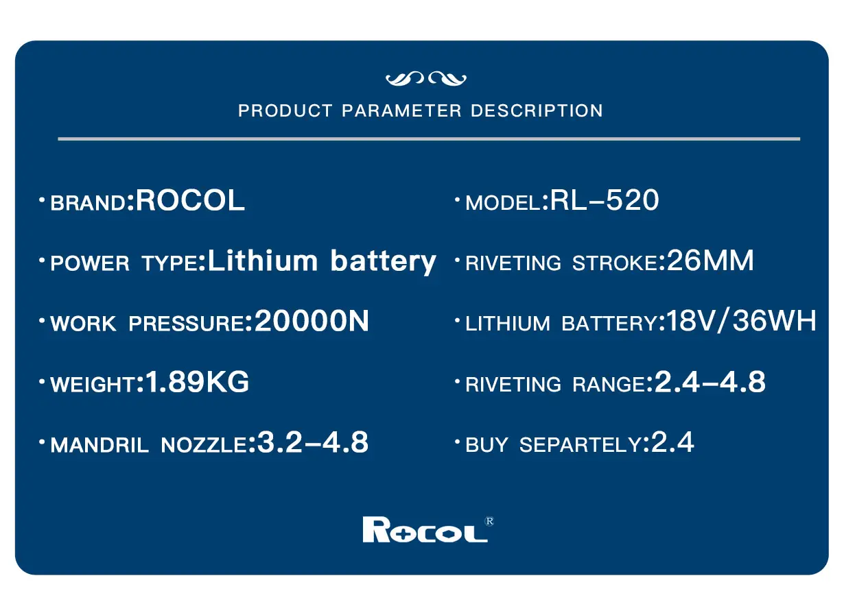ROCOL baterai lithium pistol paku keling elektrik alat tanpa kabel isi ulang alat keling buta aluminium baja tahan karat RL-520 keling