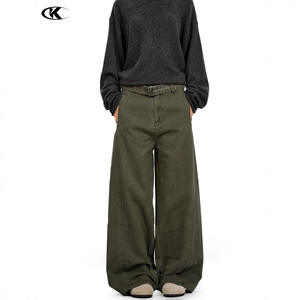 Pantalones Cargo Rectos Color Verde <span class=keywords><strong>Militar</strong></span> Americano 11KN, Unisex, Lavados, con Cinturón, Estilo Simple, Moderno, Retro, Holgados e Informales - Product Image 2