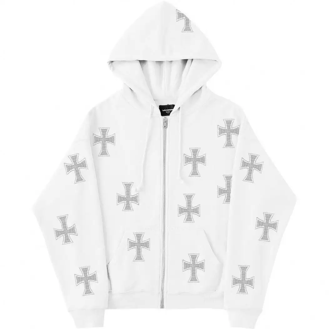 Fornitore di uomini di cotone 100% di alta qualità personalizzato brillante zip up cross bling strass con borchie felpa con cappuccio con logo