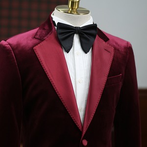 Velours rouge simple boutonnage col à revers cranté coupe ajustée 2 pièces costume <span class=keywords><strong>homme</strong></span> <span class=keywords><strong>pour</strong></span> soirée - Product Image 3