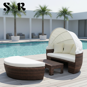 S&R Cama de Día Portátil de Mimbre y Ratán para Patio, Tamaño King Francés, 3 Piezas, con Toldo, Moderna, para Exteriores, para Hotel, Piscina, Sala de Estar - Product Image 1