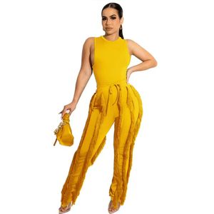 Ensemble deux pièces pour femmes, style européen et américain, pantalon à franges, hauts décontractés sans manches, dentelle, costume sexy d'été - Product Image 4