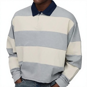 Polo en tricot rayé à manches longues pour homme, design décontracté bicolore, boutons sur le devant, gris beige marine, col - Product Image 2