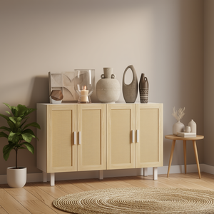 Mueble de Almacenamiento para Sala de Estar, Estilo Boho, de Ratán, con 4 Puertas y Estantes Ajustables - Product Image 2