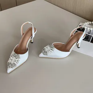 Pointed end Rhinestones Crystal Satin Silk Pumps Summer Stripper Spring Lady High Heels Slip On Party Prom 35-40 Women Shoes