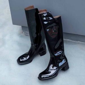 Kadınlar için Patent deri çizmeler diz çizmeler kadın ayakkabı diz yüksek deri yüksek topuk orta - Product Image 3