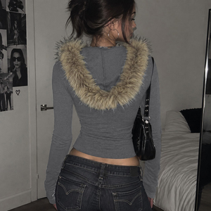 European casual hooded fur collar button front slim flattering <b>top</b> <b>Y2K</b> vintage versatile commute outer wear T shirt - Product Image 5