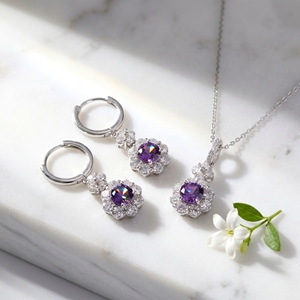 Boucles d'oreilles pendantes en argent sterling S925 avec améthyste naturelle, motif floral, pierre précieuse violette, cadeau de bijoux pierre de naissance de février - Product Image 1