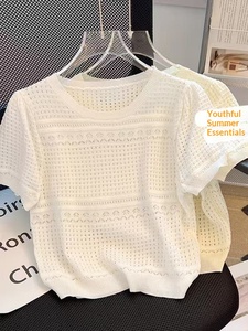 Nouvelle Arrivée 2025 – <span class=keywords><strong>Pull</strong></span> Tricoté en Soie Glacée pour <span class=keywords><strong>Femme</strong></span>, Blanc, Col Vintage, Manches Courtes Creuses, Fin, pour l'Été - Product Image 5