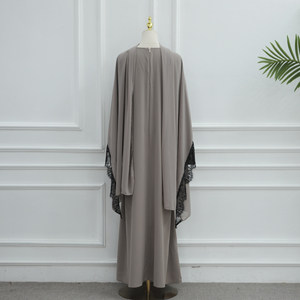 <span class=keywords><strong>Abaya</strong></span> Nera Tinta Unita Stile Dubai con Pizzo, Set 2 Pezzi con Hijab Abbinato, <span class=keywords><strong>Abaya</strong></span> Modesta in Nida, Vestito Musulmano da Donna - Product Image 6