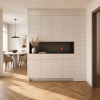 Buffet mural blanc grand format avec plusieurs portes et étagères ouvertes, meuble de rangement pour salle à manger, salon, maison