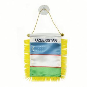 Bandera de satén personalizada de Uzbekistán, bandera pequeña para coche impresa digitalmente, con borlas amarillas, hecha de poliéster duradero para agencias de viajes - Product Image 1