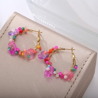 Anting Hoop Baja Tahan Karat Berhiaskan Manik-Manik Kelopak Bunga Warna-Warni Wanita Terlaris, Gaya Bohemian Buatan Tangan, Mewah Ringan
