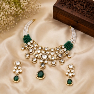 Stylish 925 <b>Silver</b> Necklace and Earrings Set with Green Drops and White Beads Elegant Indian Bridal Party Jewelry - Product Image 5