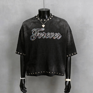 Camiseta de hombre personalizada con efecto lavado en spray, estilo retro, corte holgado, cuello redondo, con purpurina y adornos de pedrería, de manga corta para verano - Product Image 1