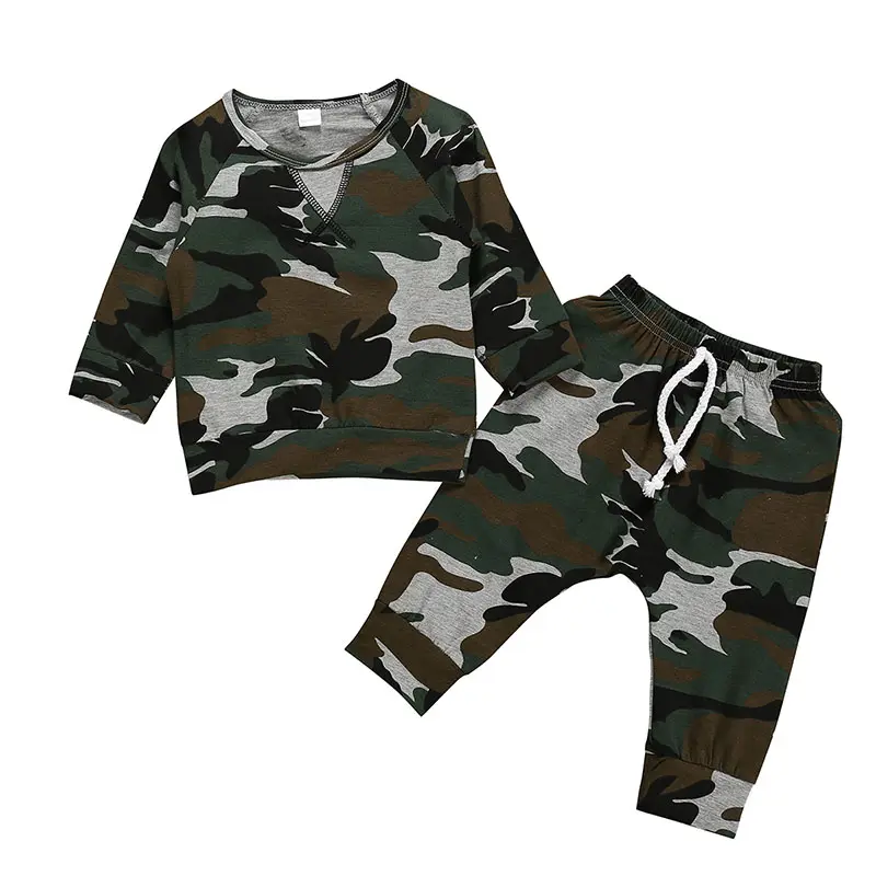 Set Pakaian Anak-anak Kasual Grosir, Pakaian Tidur Kamuflase Bayi Laki-laki untuk Musim Gugur