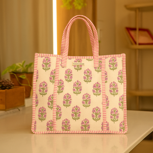 <b>Hand</b> Block Printed Cotton Tote <b>Bag</b> Lightweight Handmade Reusable Eco Friendly Carry <b>Bag</b> Women <b>White</b> for Embroidery Zipper - Product Image 1