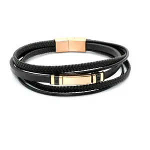 Prix usine nouveauté cuir véritable multicouche avec fermoir magnétique en acier inoxydable plaqué or rose Bracelet masculin