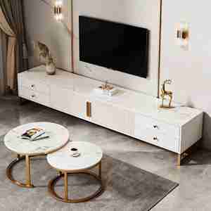 <span class=keywords><strong>Meuble</strong></span> TV minimaliste sur pied avec tiroirs <span class=keywords><strong>de</strong></span> <span class=keywords><strong>rangement</strong></span>, ensemble table basse et console multimédia pour salon - Product Image 4