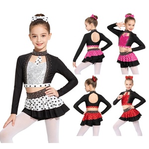 ชุดเต้นรำลายจุดสำหรับเด็กผู้หญิง เสื้อครอปปักเลื่อม กระโปรงระบายพร้อมกางเกงขาสั้น ดีไซน์เปิดหลังแบบคีย์โฮล สำหรับการแสดงบนเวที สามารถสั่งตัดได้ - Product Image 1