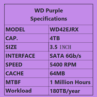 Disque dur violet WD42EJRX 4 To, 3,5 pouces, SATA 6 Gbit/s, pour moniteur, enregistrement 24/7, caméras CCTV DVR NVR, firmware AllFrame, MTBF, 64 caméras HD