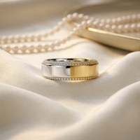 Bague d'éternité pour homme bicolore, moitié jaune, moitié blanc, plaquée or 14 carats, écologique, entièrement pavée de diamants de laboratoire, certifiée IGI