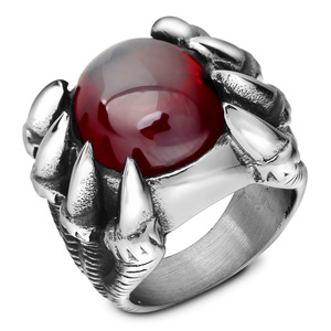 Anillo de titanio para hombre con gema roja engastada en forma de garra, estilo punk de Halloween, con púas, diseño de animales del zodíaco - Product Image 1