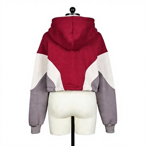 Women's Color Blocked <b>Cropped</b> Hoodie Zipper Up Asymmetric Design Full Sleeve Knitted Hooded <b>Sweatshirt</b> Autumn Style - Product Image 2