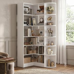 Étagère d'angle en bois moderne et peu encombrante, bibliothèque en L à 8 niveaux avec rebords surélevés, meuble de rangement autoportant pour salon, maison, bureau - Product Image 2