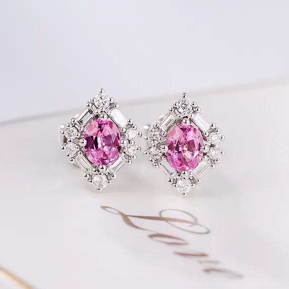 Brincos personalizados com ouro real, brincos de diamante natural rosa de pedra de safira 18k para mulheres